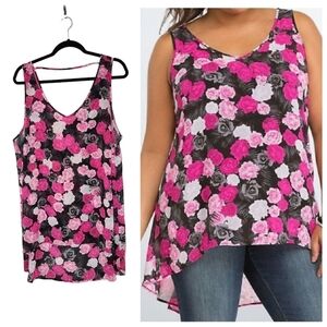 Torrid Rose Floral black pink hi-low semi-sheer v-neck flowy tank.  Size 1X.